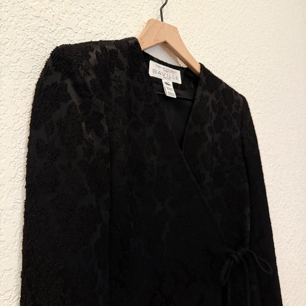 Vintage Rena Rowan Black Floral Jacquard Wrap Blazer Jacket 4P Career Romantic - Picture 4 of 9